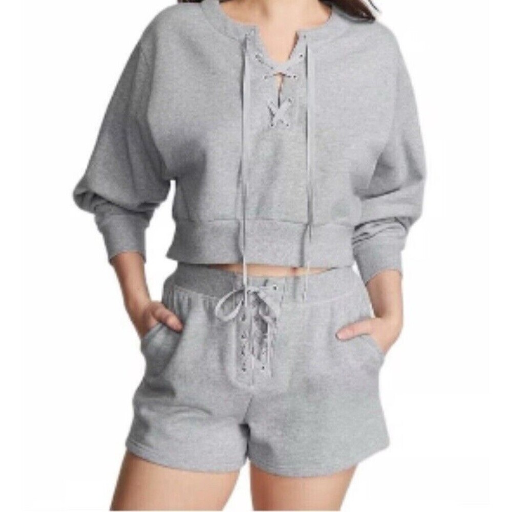 Victorias Secret Large Brown Shorts High Rise‎ Fleece Lace Up Casual Preppy